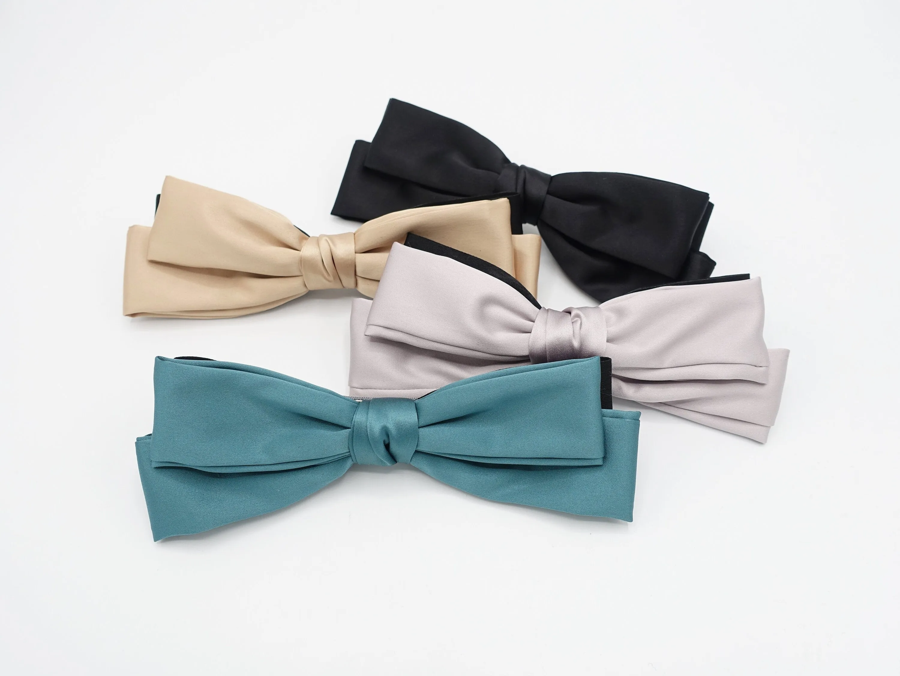 satin double layered hair bow  triple wing narrow glossy style hair accessory for women
