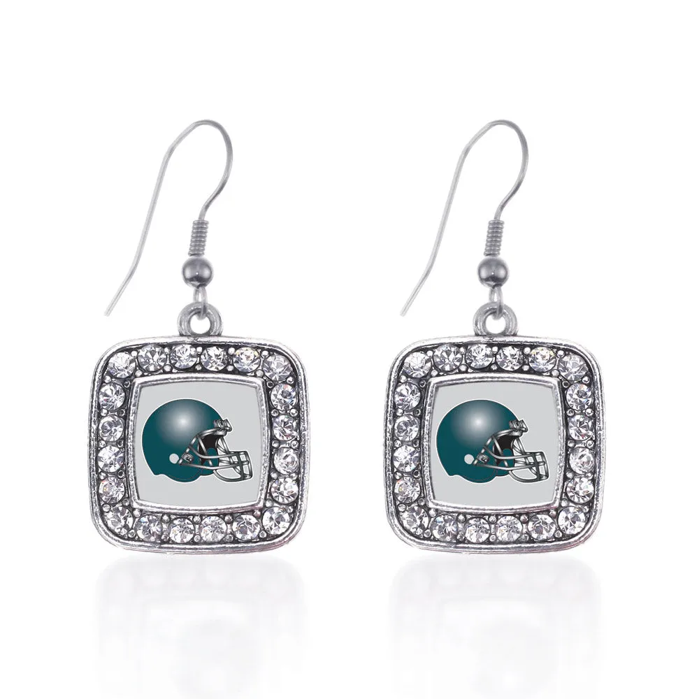 Silver Grey and Turquoise Team Helmet Square Charm Dangle Earrings