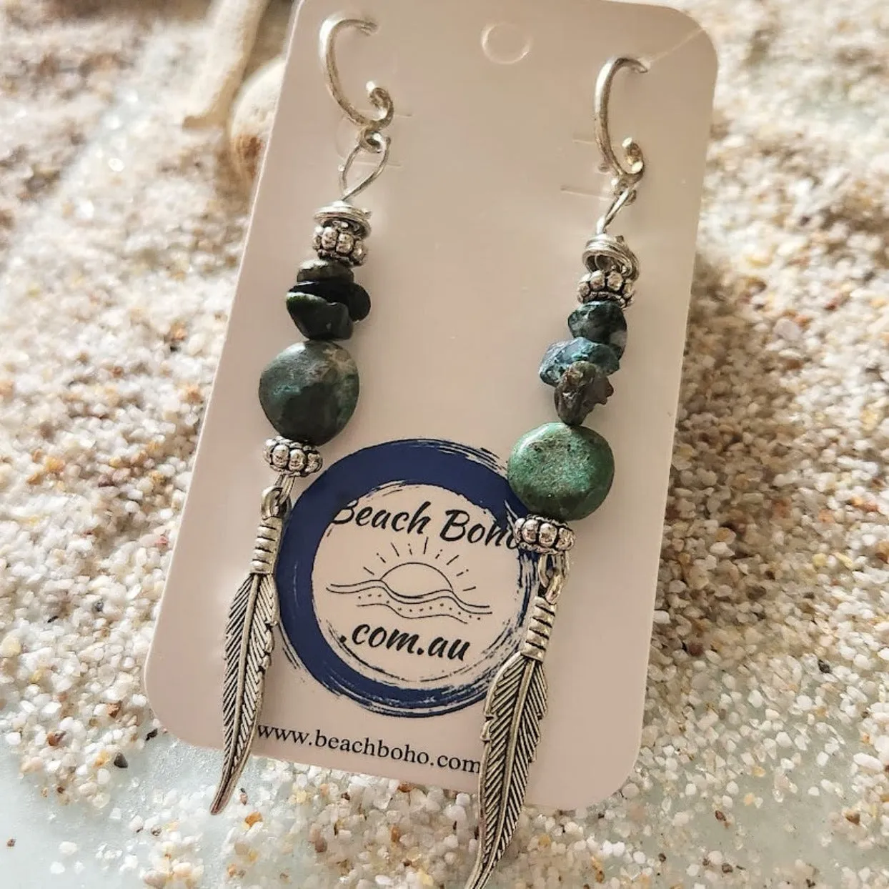 SILVER LEAF - TURQUOISE STONE HOOK EARRINGS