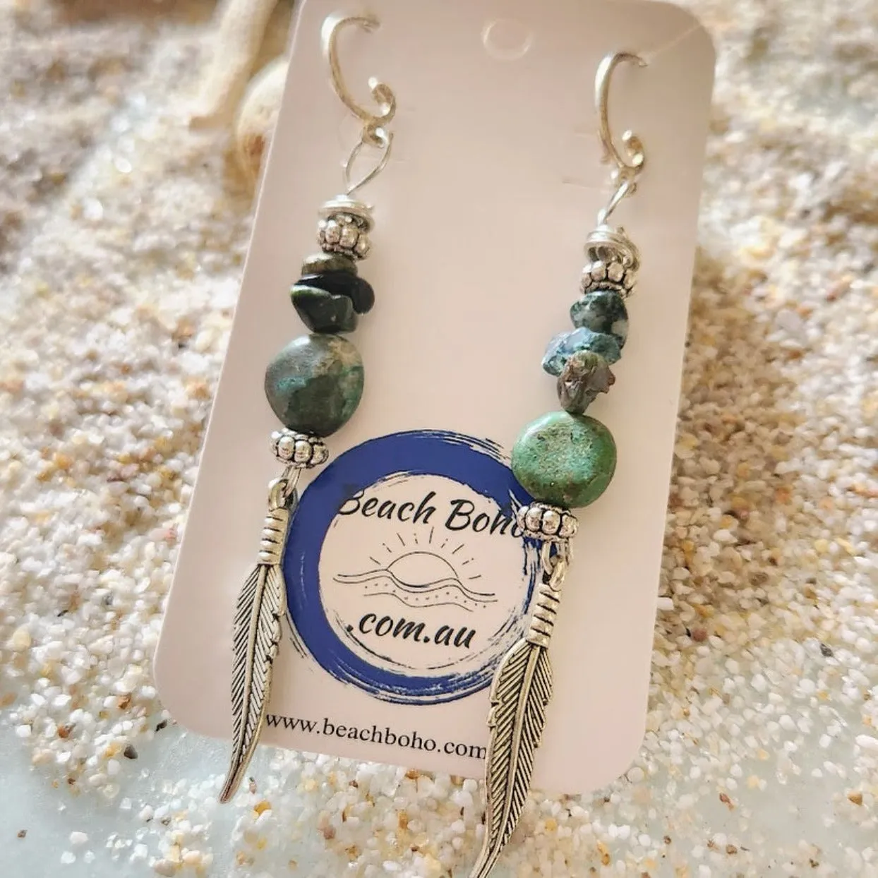 SILVER LEAF - TURQUOISE STONE HOOK EARRINGS