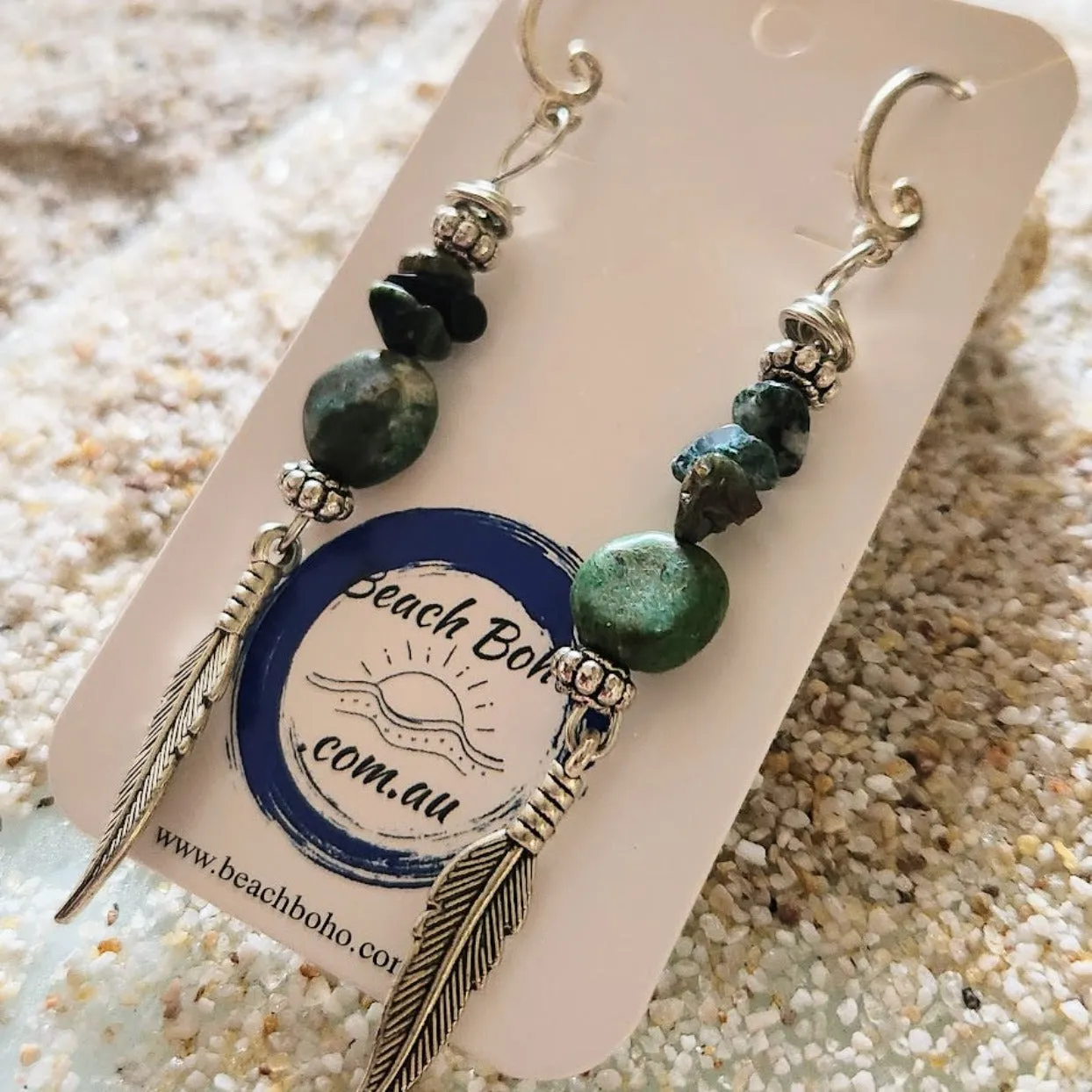 SILVER LEAF - TURQUOISE STONE HOOK EARRINGS
