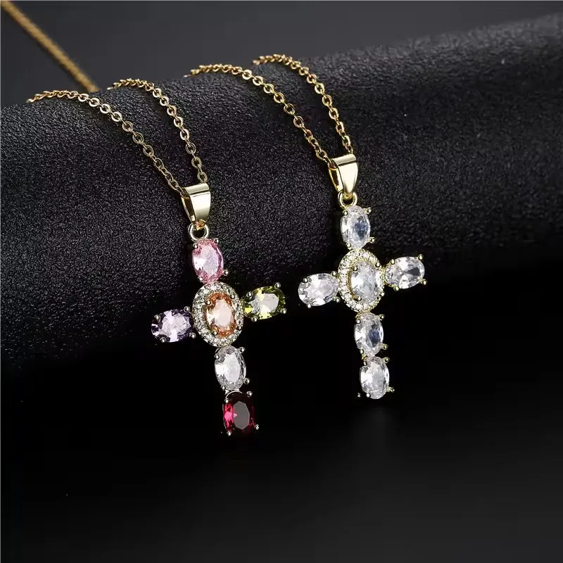 SISSLIA Wholesale Copper Gold Plated CZ Cross Pendant Necklaces For Women Handmade Jewellery