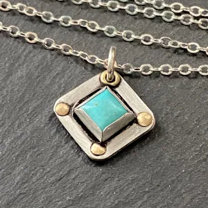 Square Turquoise necklace hand crafted from sterling silver and genuine square Kingman turquoise with golden brass accents