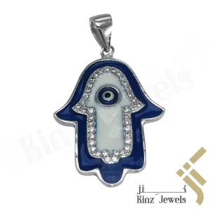 Sterling Silver Hamsa Evil Eye Enamel Blue and White Zircon Frame Pendant