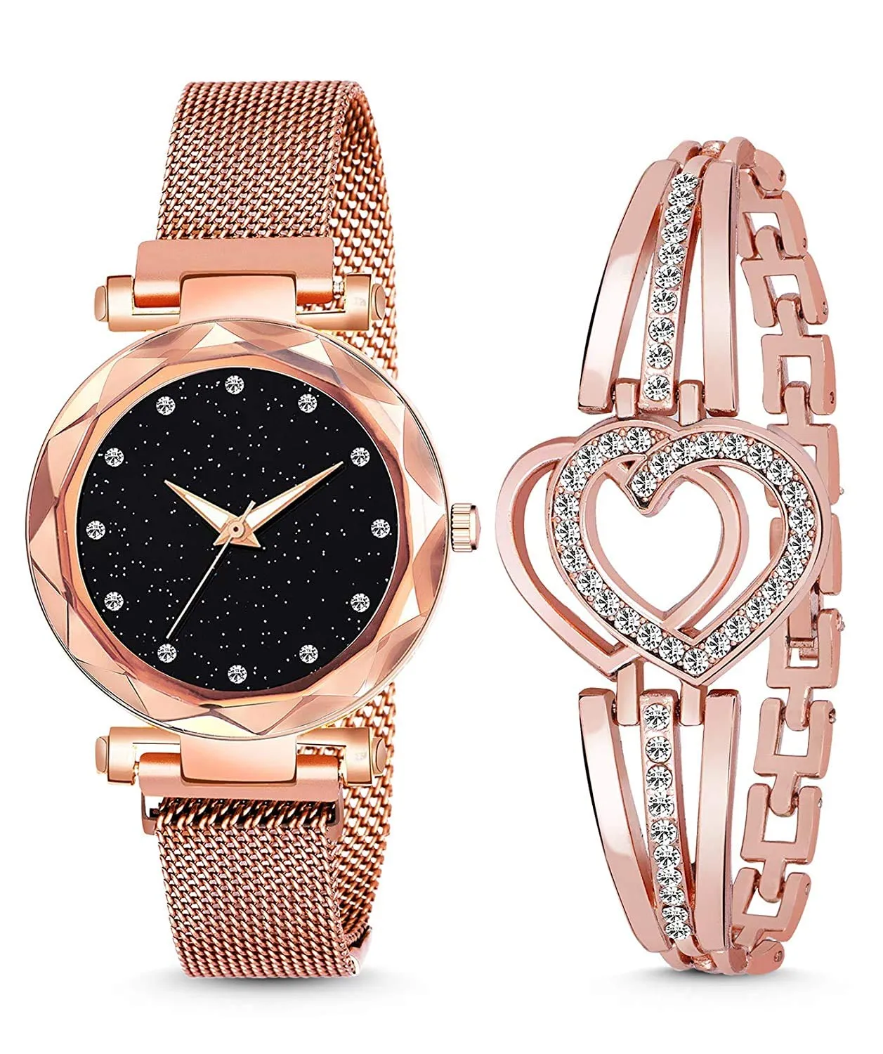 SWADESI STUFF Multicolor Metal Strap Magnet Watch & Heart Shape Diamond Bracelet Combo for Women & Girls (Rose Gold)