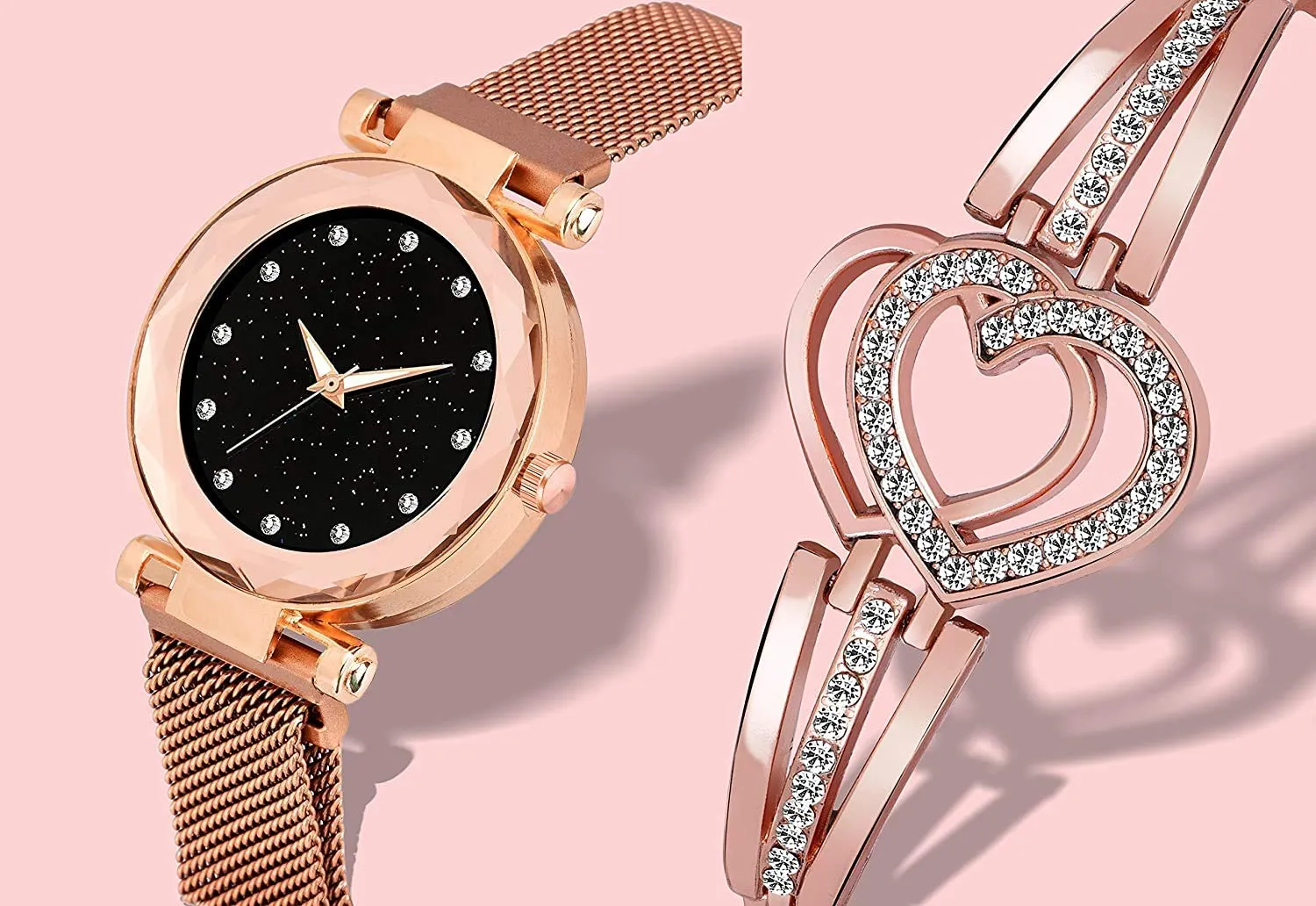 SWADESI STUFF Multicolor Metal Strap Magnet Watch & Heart Shape Diamond Bracelet Combo for Women & Girls (Rose Gold)
