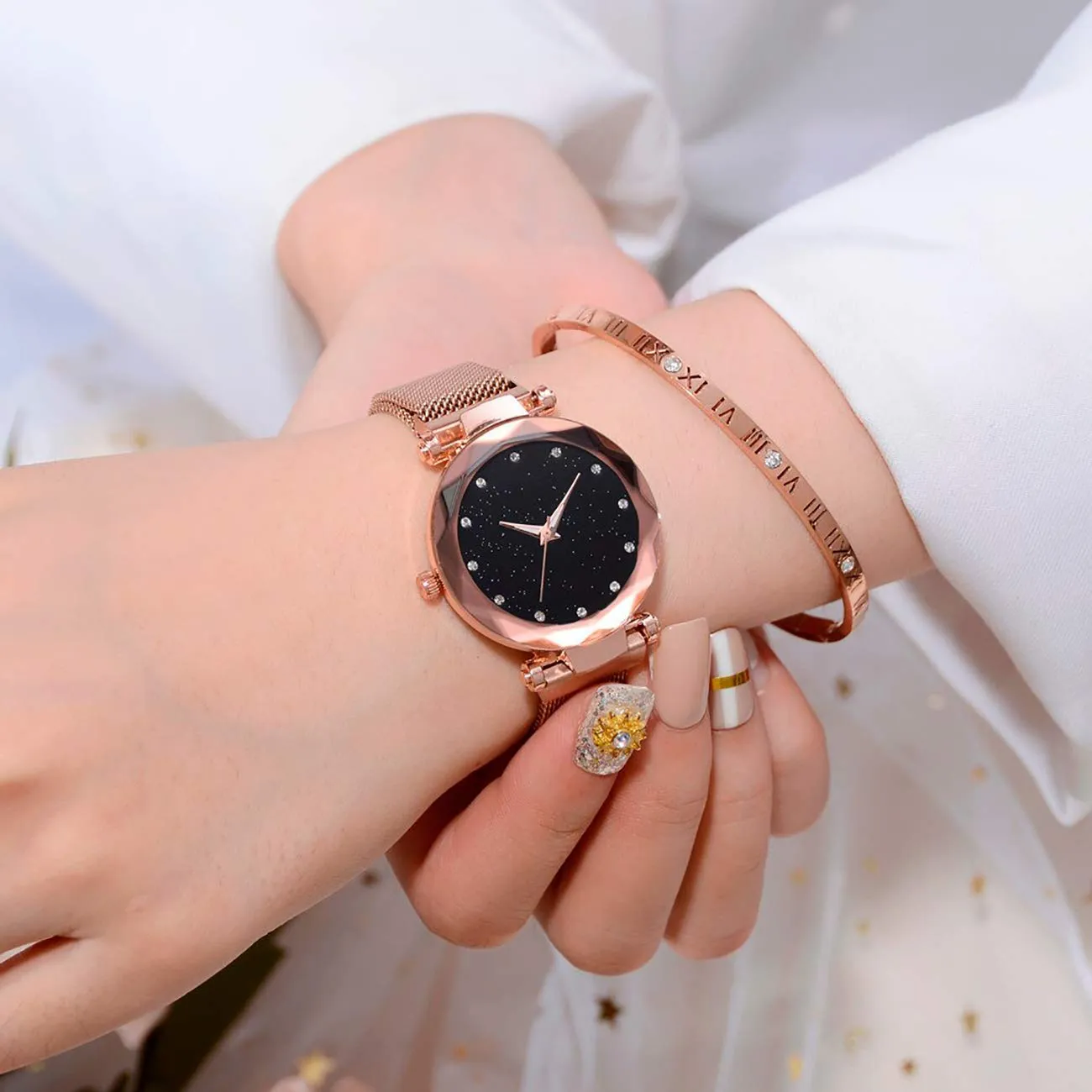 SWADESI STUFF Multicolor Metal Strap Magnet Watch & Heart Shape Diamond Bracelet Combo for Women & Girls (Rose Gold)