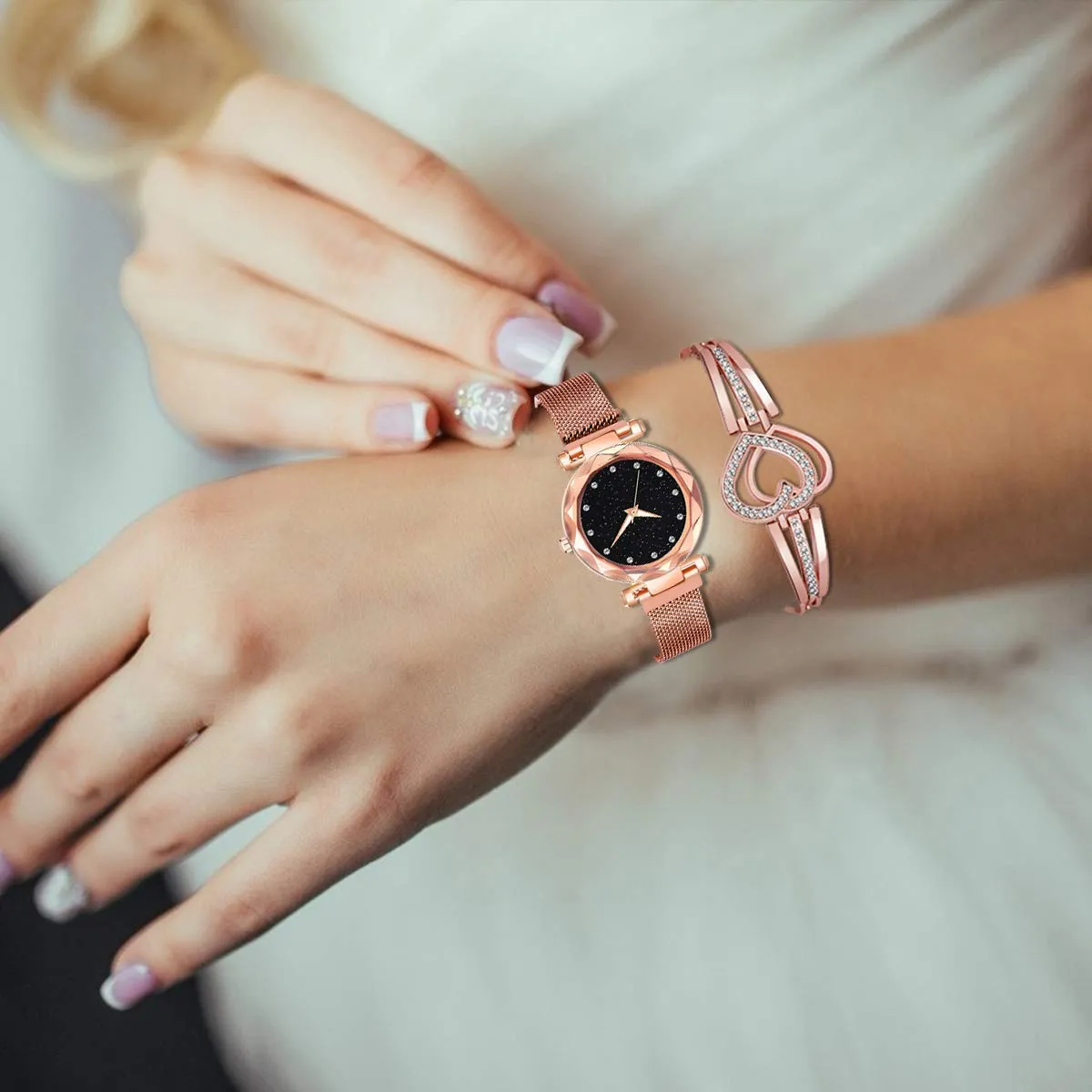 SWADESI STUFF Multicolor Metal Strap Magnet Watch & Heart Shape Diamond Bracelet Combo for Women & Girls (Rose Gold)