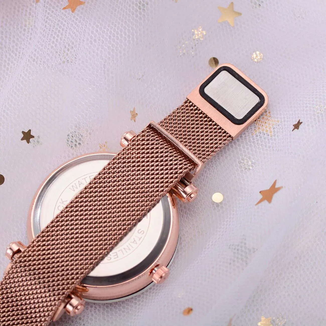 SWADESI STUFF Multicolor Metal Strap Magnet Watch & Heart Shape Diamond Bracelet Combo for Women & Girls (Rose Gold)