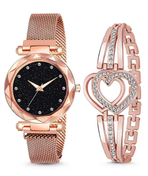SWADESI STUFF Multicolor Metal Strap Magnet Watch & Heart Shape Diamond Bracelet Combo for Women & Girls (Rose Gold)