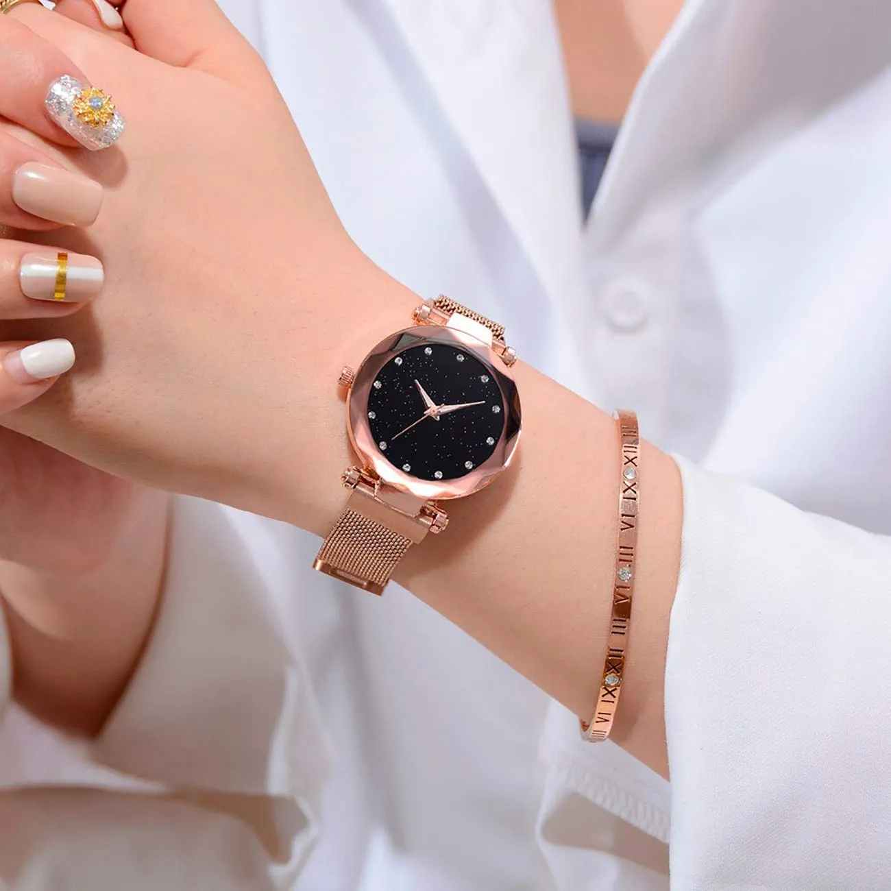 SWADESI STUFF Multicolor Metal Strap Magnet Watch & Heart Shape Diamond Bracelet Combo for Women & Girls (Rose Gold)