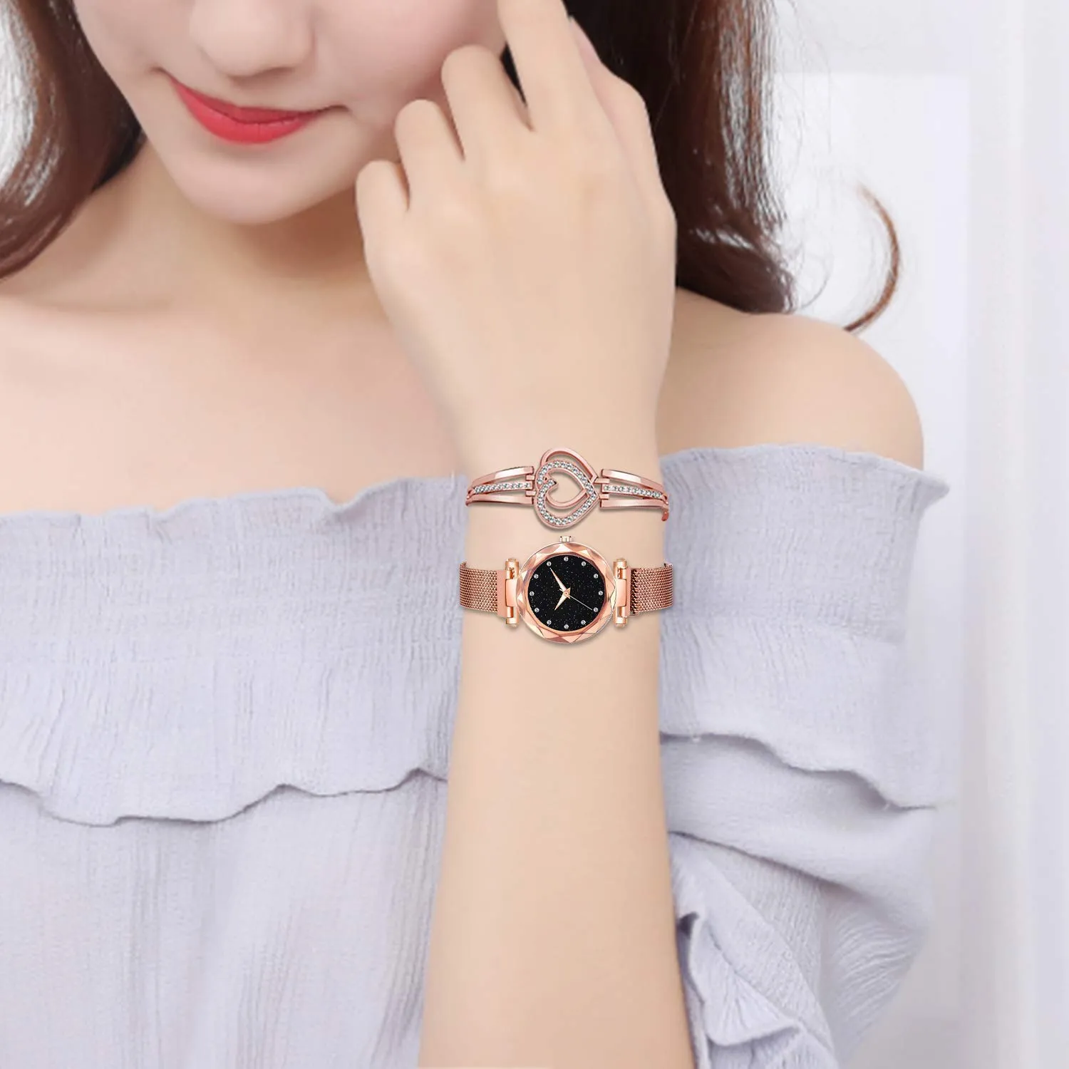SWADESI STUFF Multicolor Metal Strap Magnet Watch & Heart Shape Diamond Bracelet Combo for Women & Girls (Rose Gold)