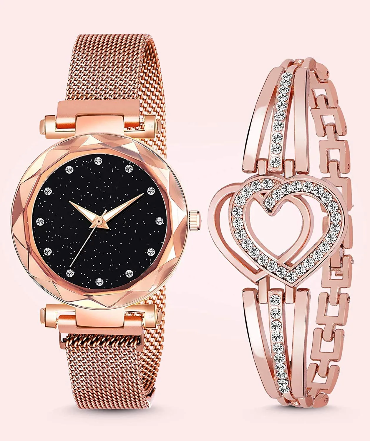 SWADESI STUFF Multicolor Metal Strap Magnet Watch & Heart Shape Diamond Bracelet Combo for Women & Girls (Rose Gold)