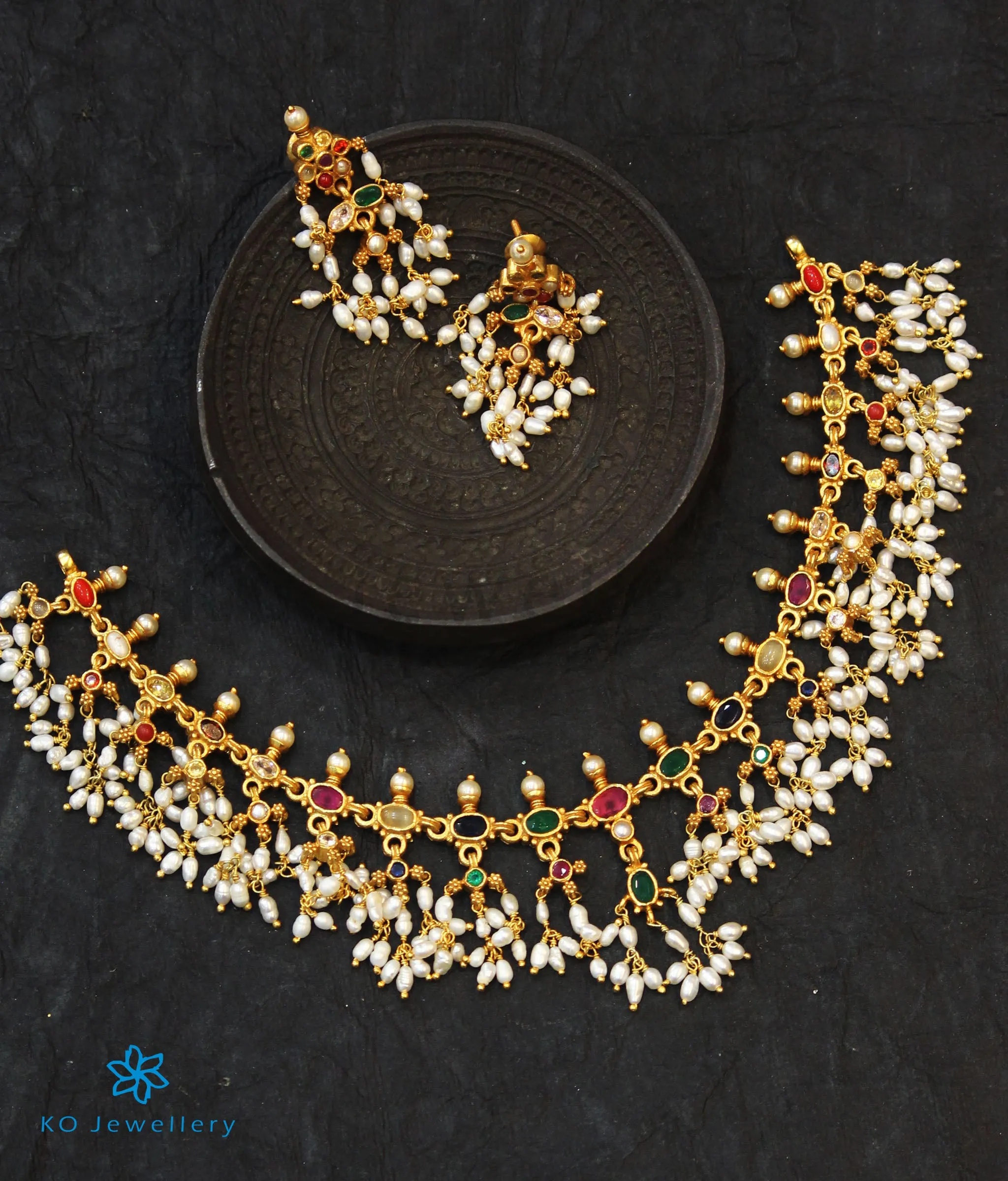The Pratyusha Silver Navratna Necklace (Long/Rice Pearls)