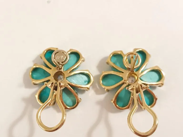Turquoise Flower Stud Earrings with Diamond Center