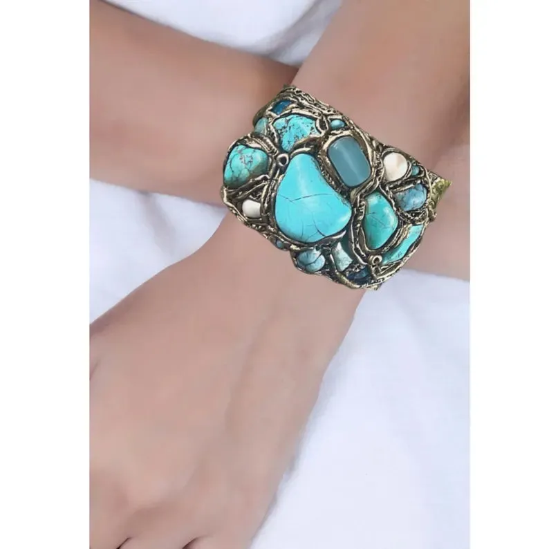 Turquoise Ring with Amazonite , Large Gemstone Cocktail Ring