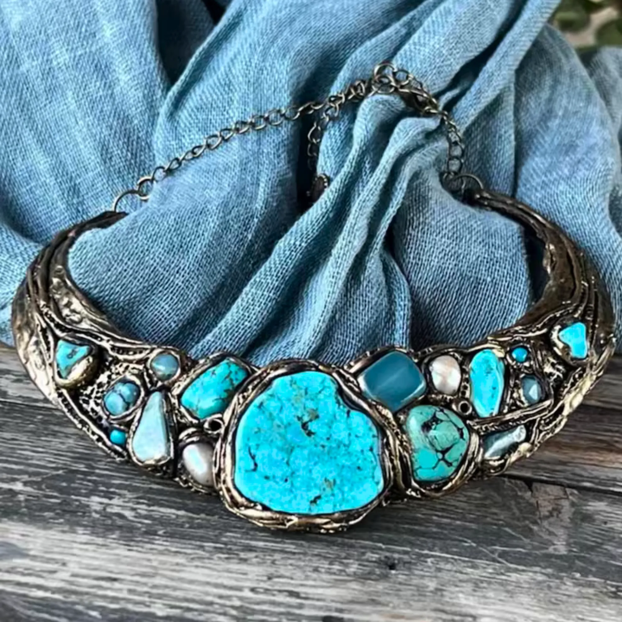 Turquoise Ring with Amazonite , Large Gemstone Cocktail Ring