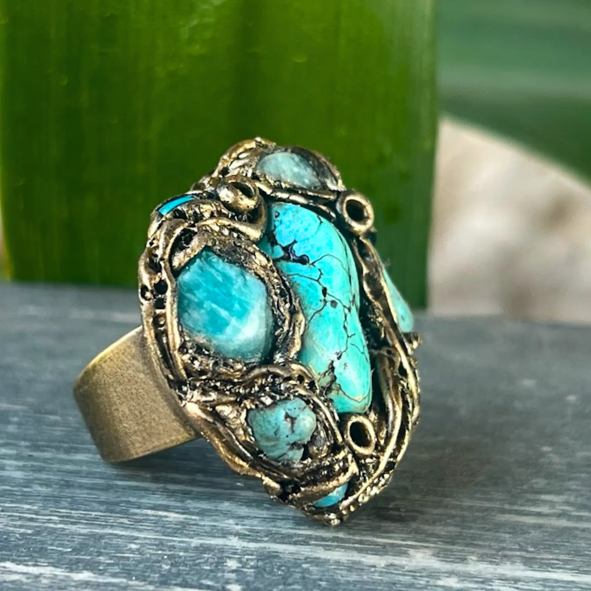 Turquoise Ring with Amazonite , Large Gemstone Cocktail Ring