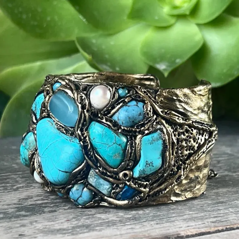 Turquoise Ring with Amazonite , Large Gemstone Cocktail Ring
