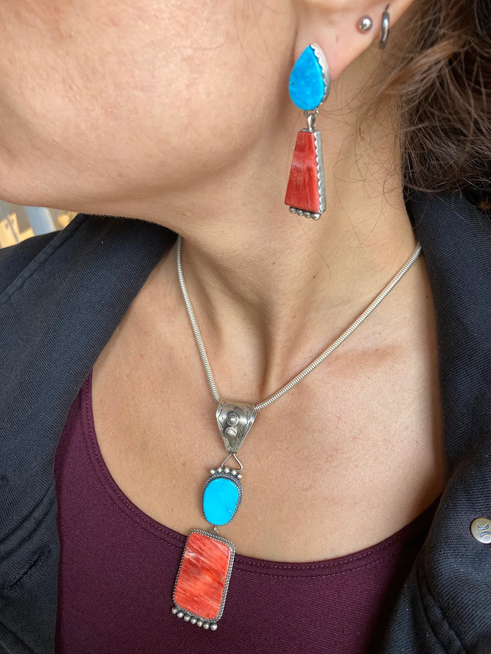 Turquoise, Spiney Oyster & Sterling Silver Earrings