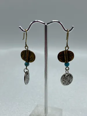 Two Toned Dangle Pierced Wire Earring Silver/Bronze Turquoise Bead /r