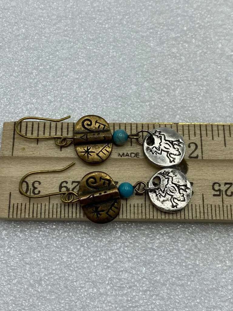 Two Toned Dangle Pierced Wire Earring Silver/Bronze Turquoise Bead /r