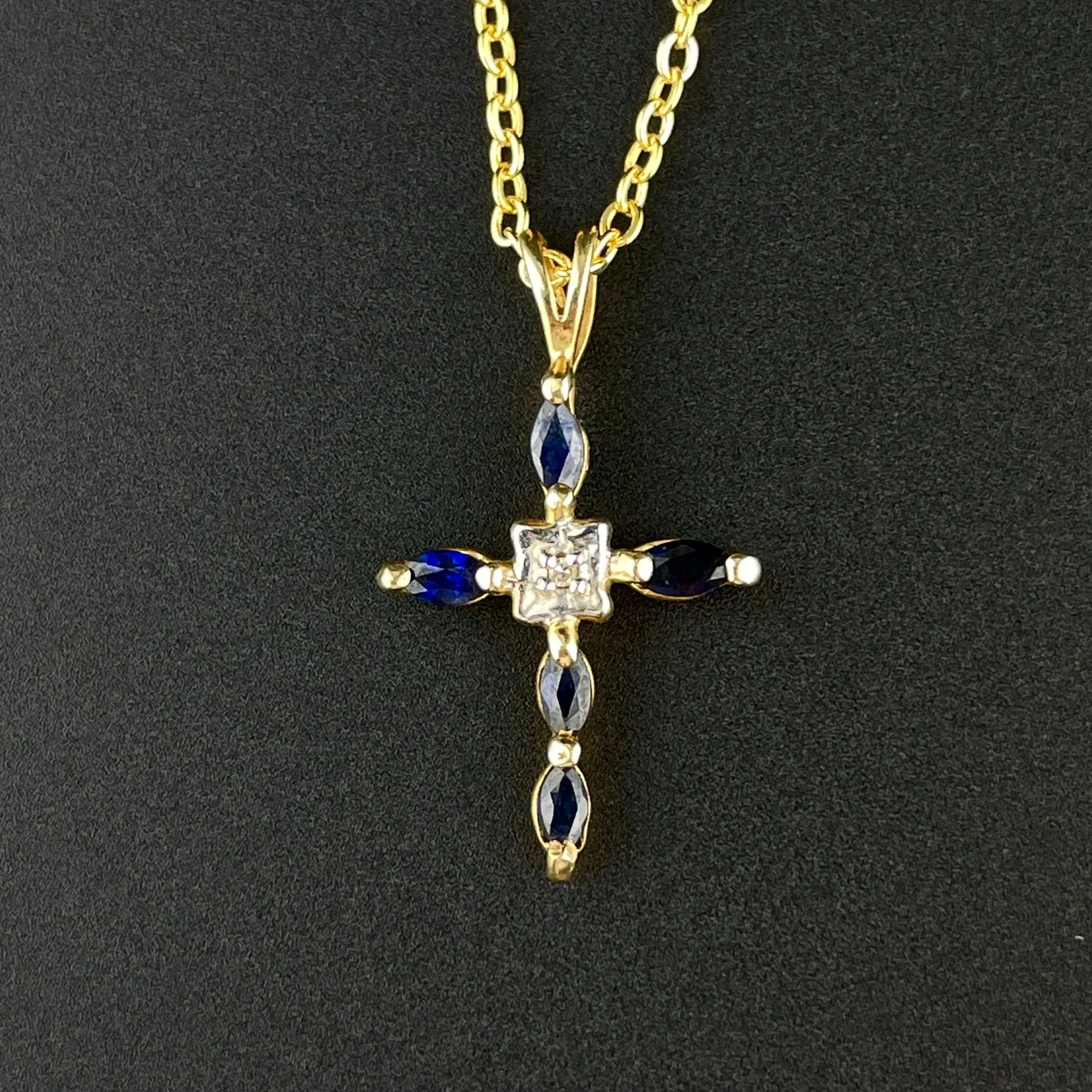 Vintage 10K Gold Diamond Blue Sapphire Cross Pendant Necklace