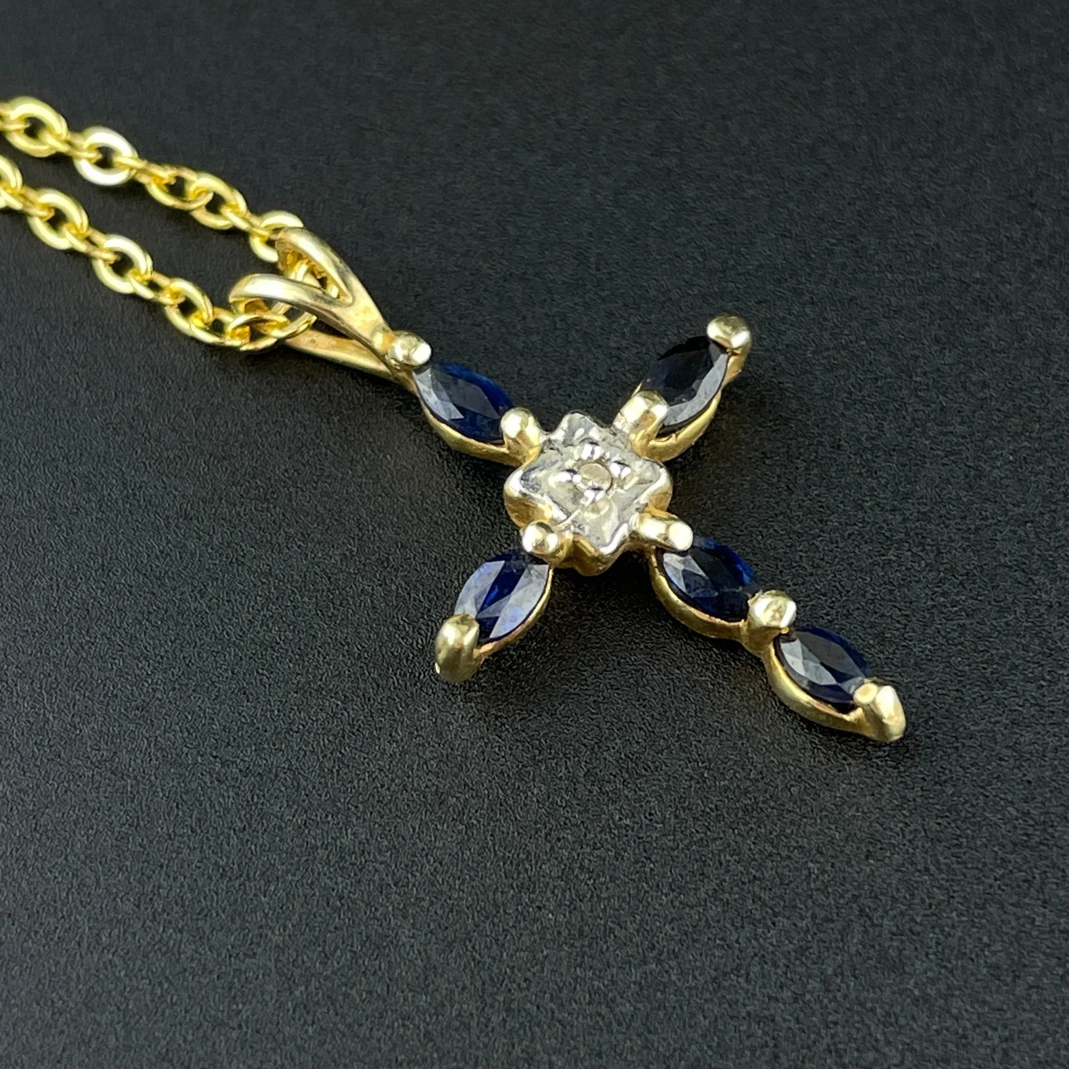 Vintage 10K Gold Diamond Blue Sapphire Cross Pendant Necklace
