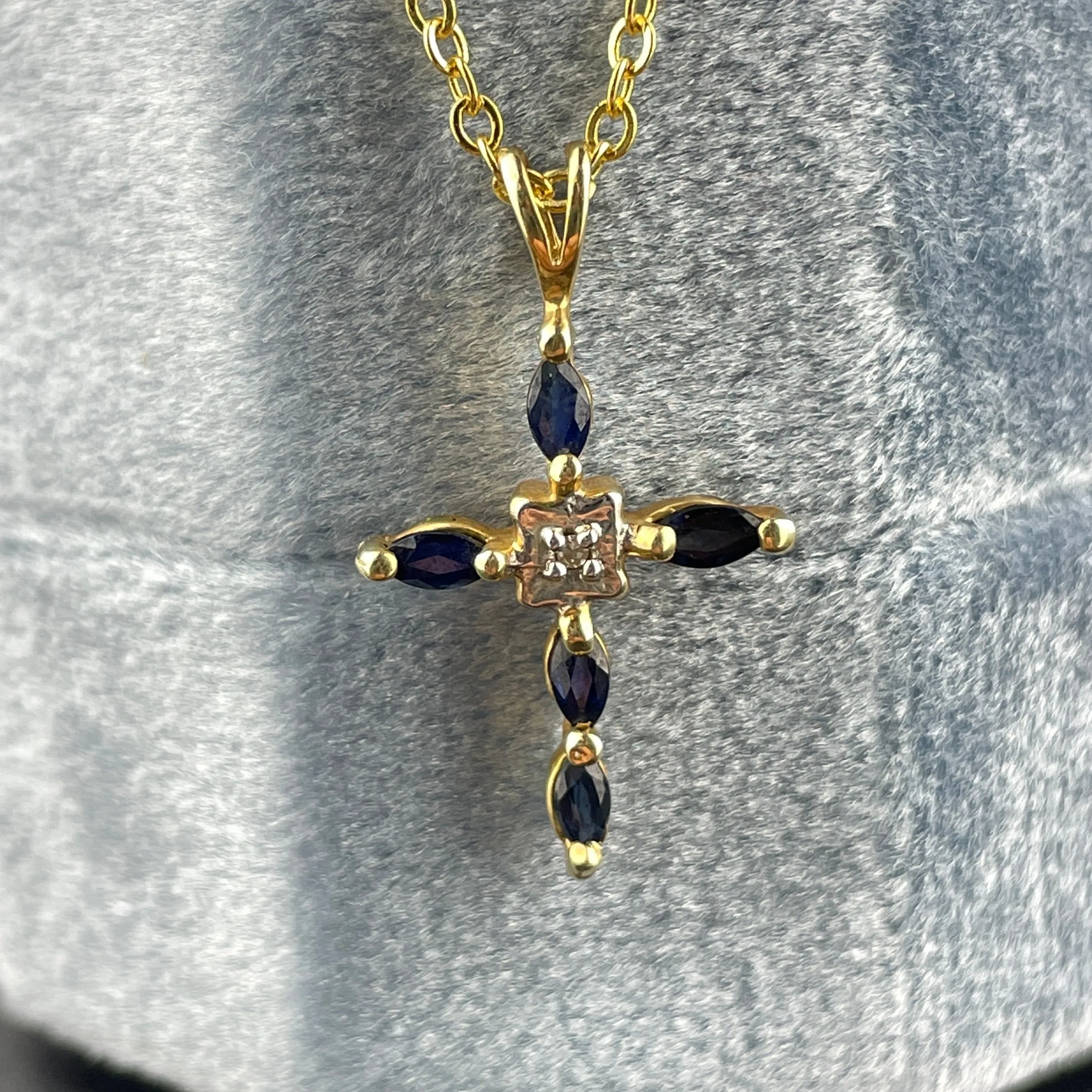 Vintage 10K Gold Diamond Blue Sapphire Cross Pendant Necklace