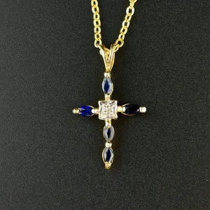 Vintage 10K Gold Diamond Blue Sapphire Cross Pendant Necklace
