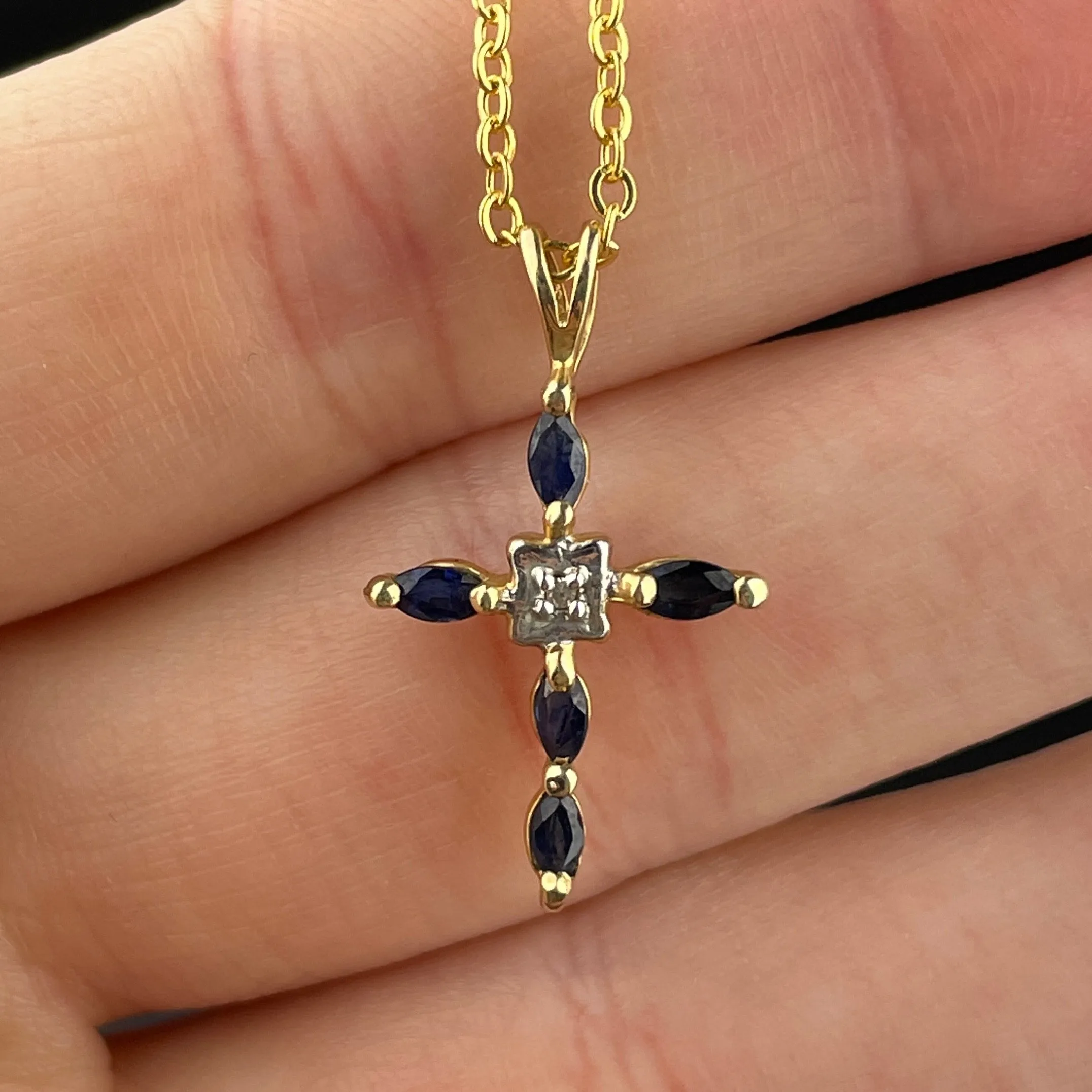 Vintage 10K Gold Diamond Blue Sapphire Cross Pendant Necklace