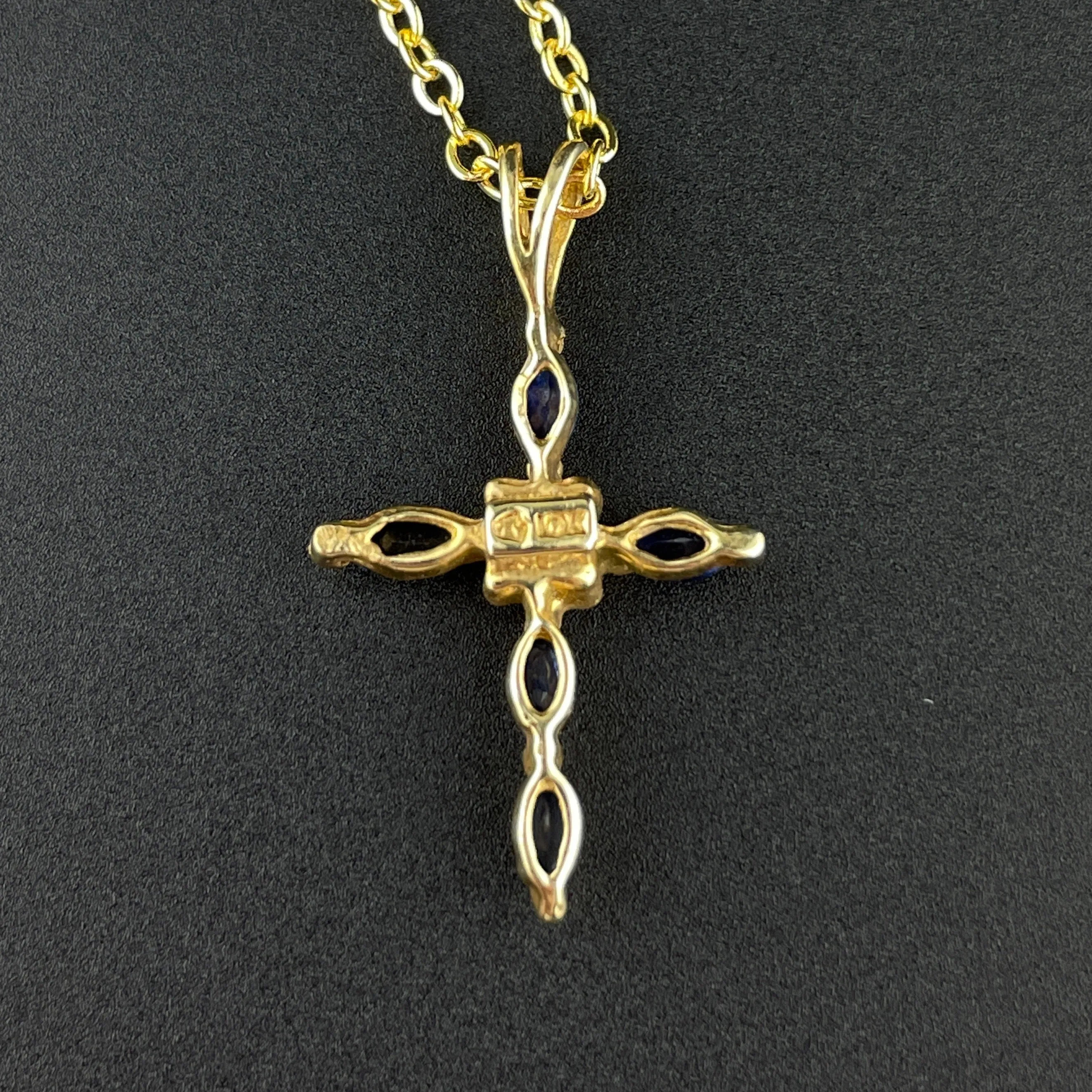 Vintage 10K Gold Diamond Blue Sapphire Cross Pendant Necklace