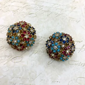 Vintage Ciner Earrings gold multi-coloured floral flowers clip-on