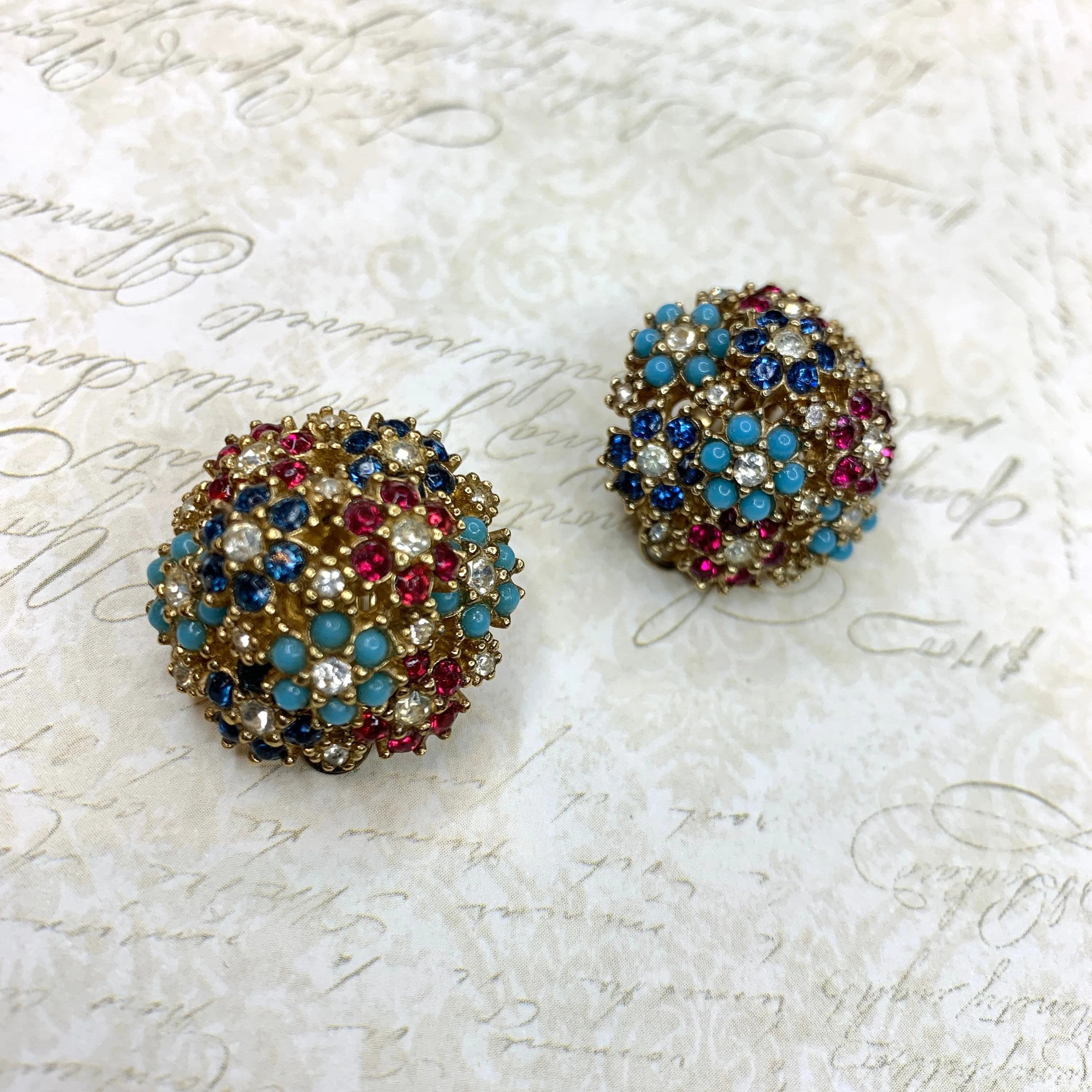 Vintage Ciner Earrings gold multi-coloured floral flowers clip-on