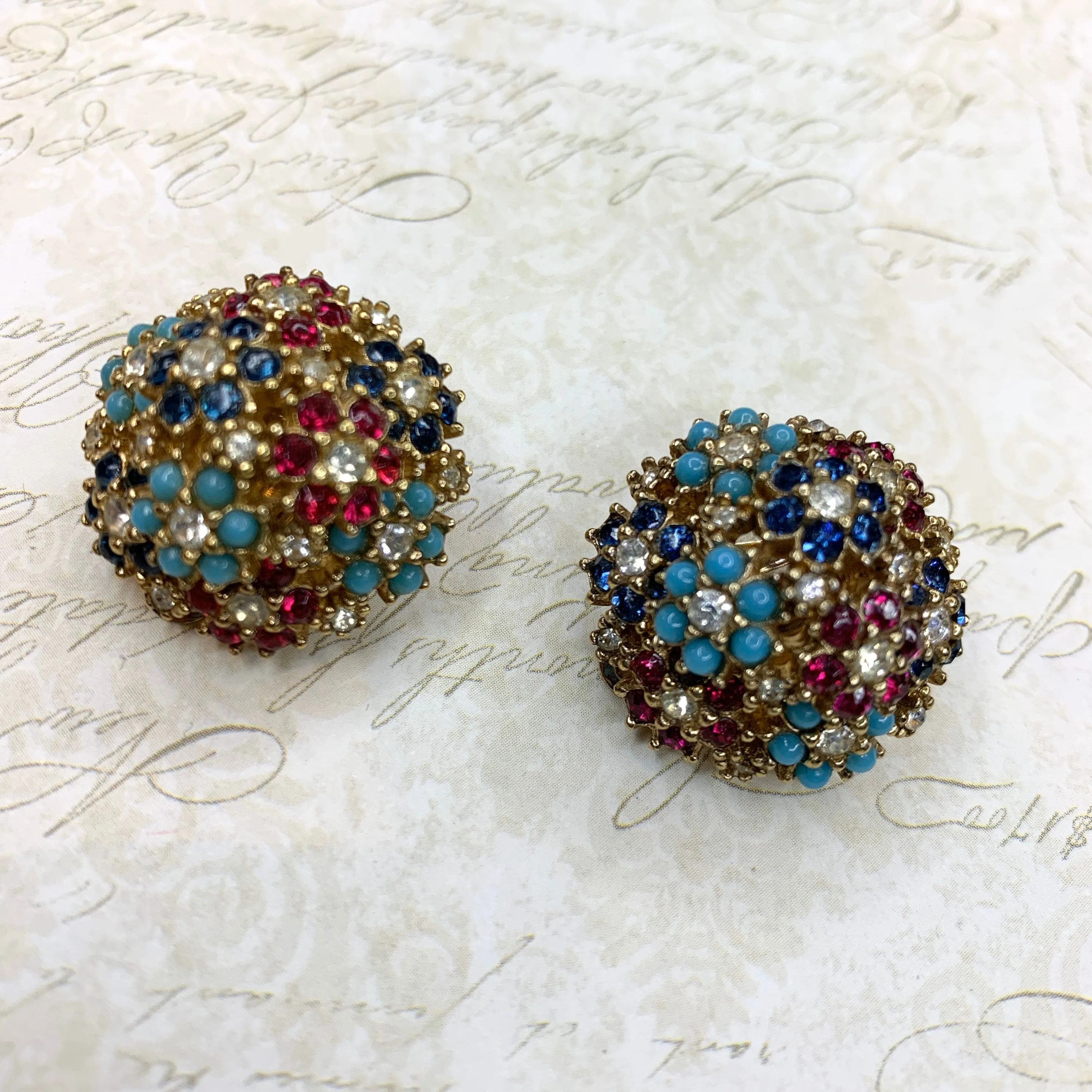 Vintage Ciner Earrings gold multi-coloured floral flowers clip-on