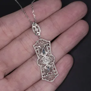 VINTAGE DIAMOND SAPPHIRE 14K WHITE GOLD PENDANT 18in NECKLACE FILIGREE ART DECO