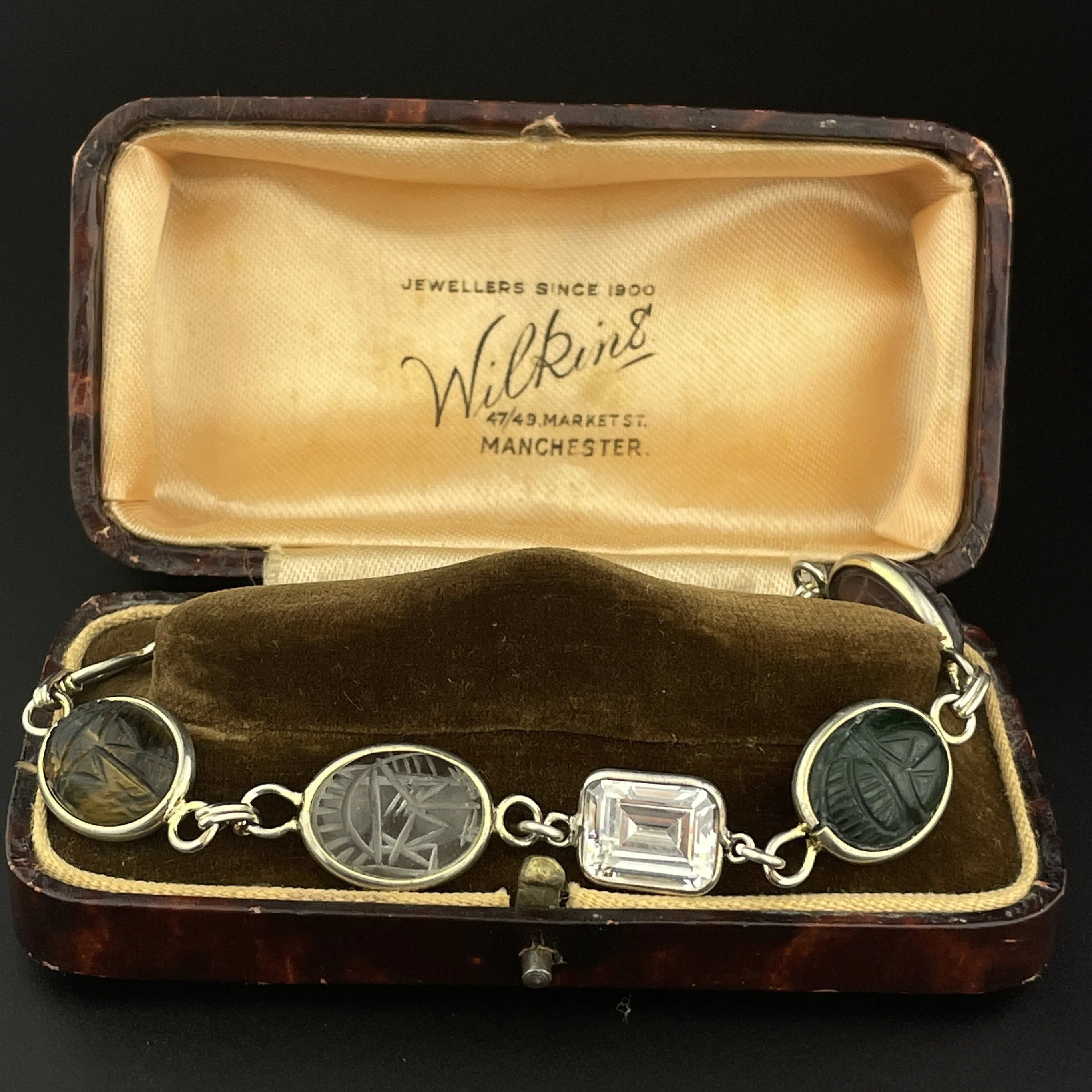 Vintage Silver Scarab Quartz Agate Egyptian Beetle Bug Bracelet