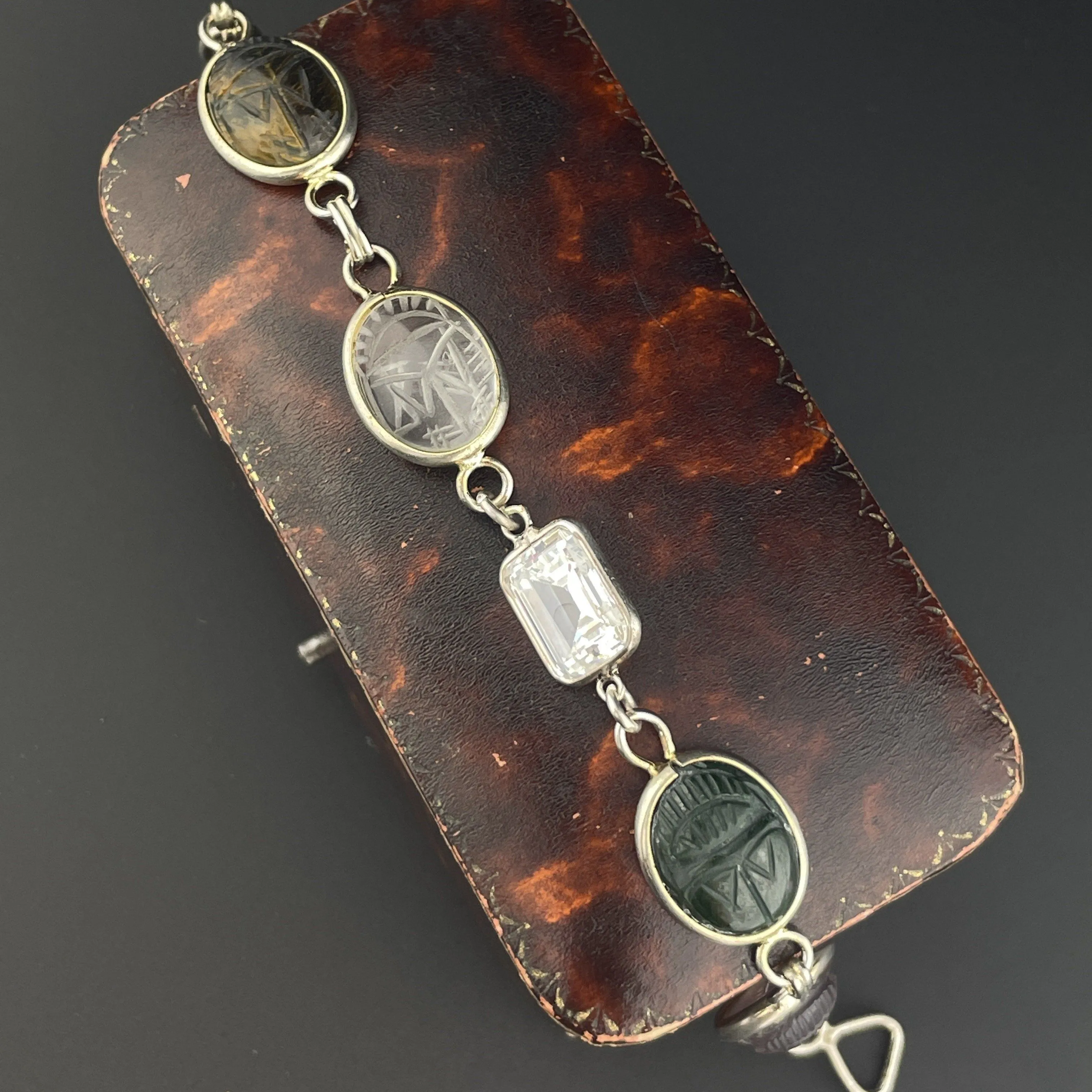 Vintage Silver Scarab Quartz Agate Egyptian Beetle Bug Bracelet