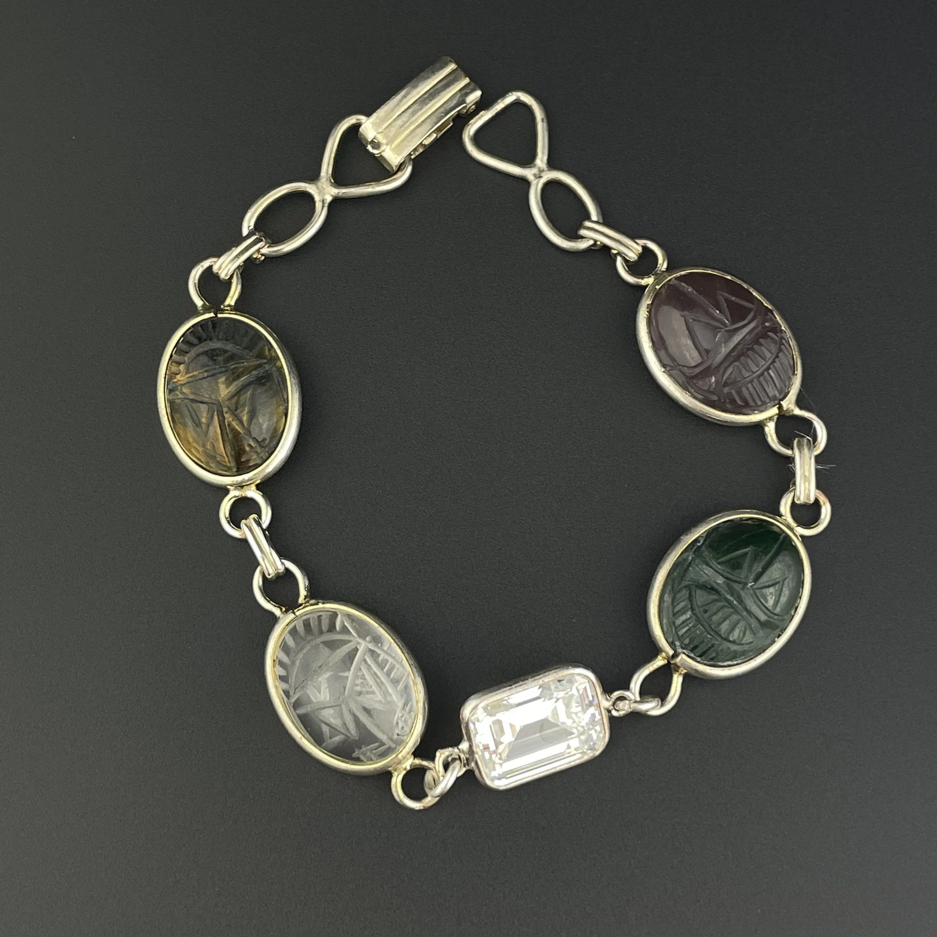 Vintage Silver Scarab Quartz Agate Egyptian Beetle Bug Bracelet