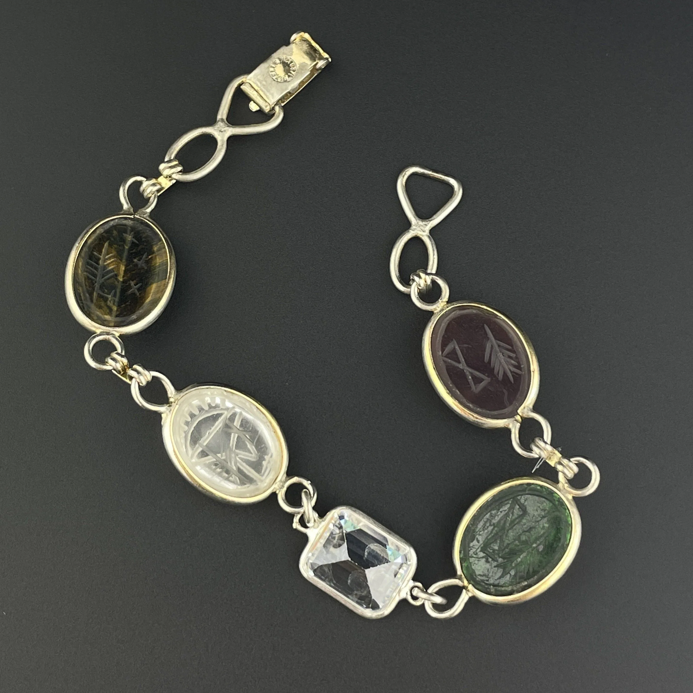 Vintage Silver Scarab Quartz Agate Egyptian Beetle Bug Bracelet