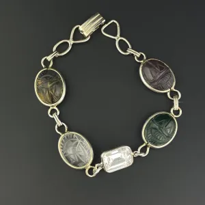 Vintage Silver Scarab Quartz Agate Egyptian Beetle Bug Bracelet
