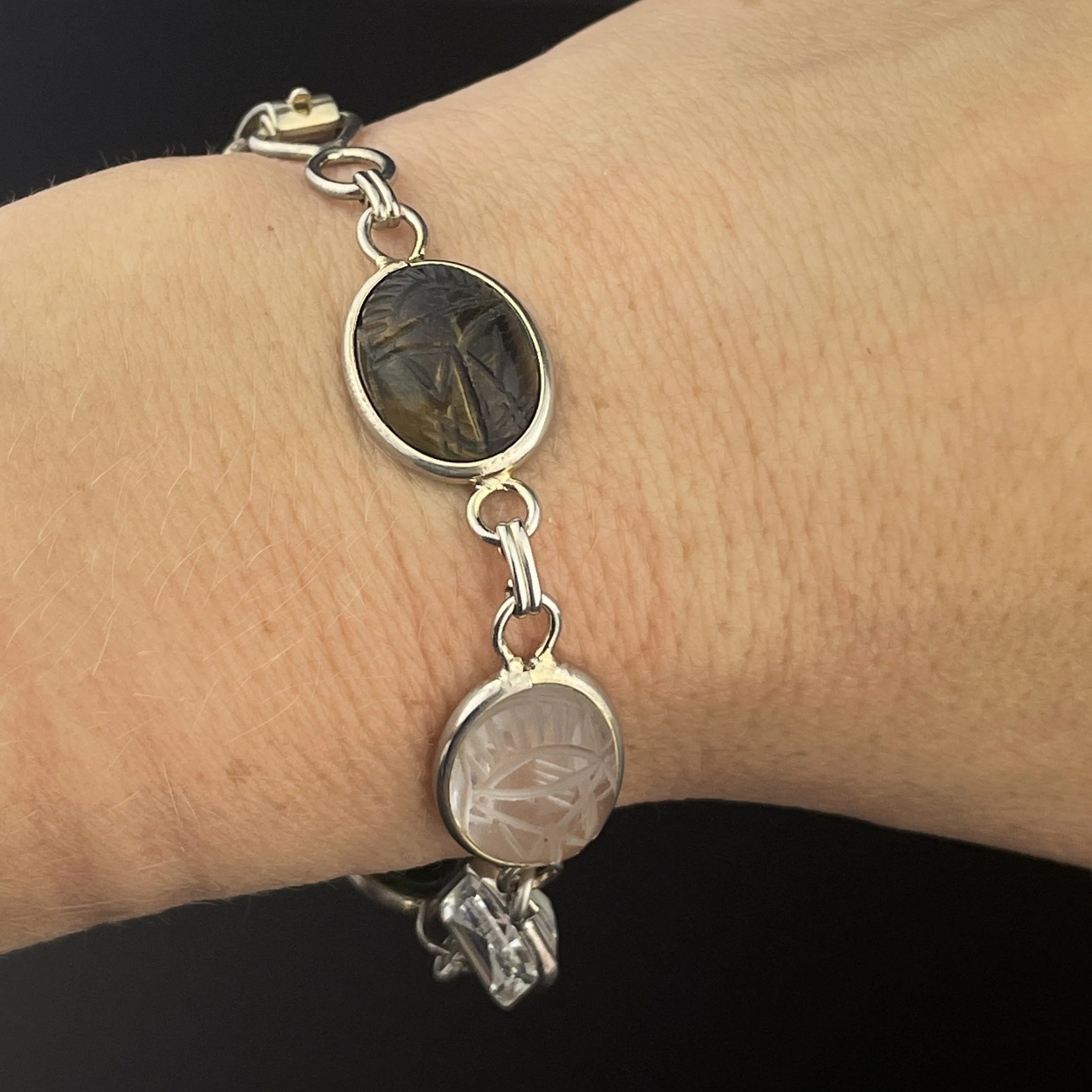 Vintage Silver Scarab Quartz Agate Egyptian Beetle Bug Bracelet
